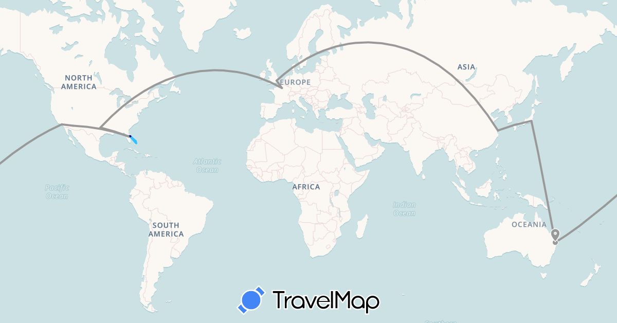 TravelMap itinerary: driving, plane, boat in Australia, Bahamas, China, France, United Kingdom, Japan, United States (Asia, Europe, North America, Oceania)